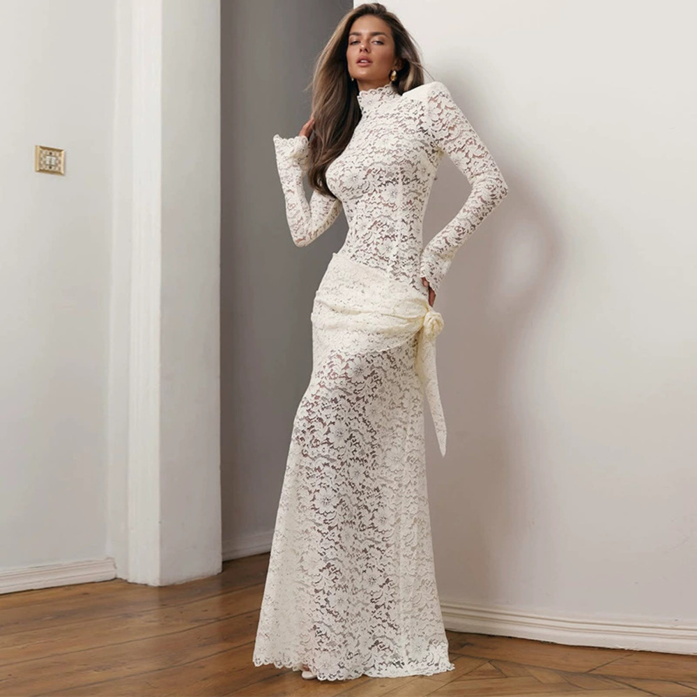 Forever 21 White Lace High Neck Long-Sleeve Slit Bodycon Maxi Dress